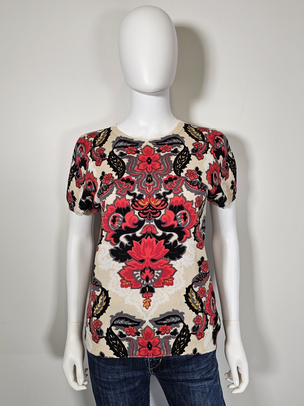 J. Crew Cream Short Sleeve Top with Red & Black Floral Motif Sz L